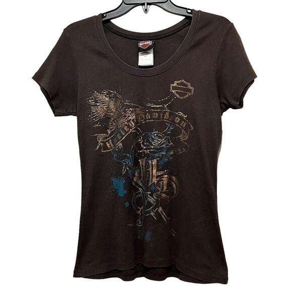 Harley Davidson Ladies Cut Brown Metallic Graphic Tee Ithaca HD Cayuta, NY Large - Picture 1 of 6
